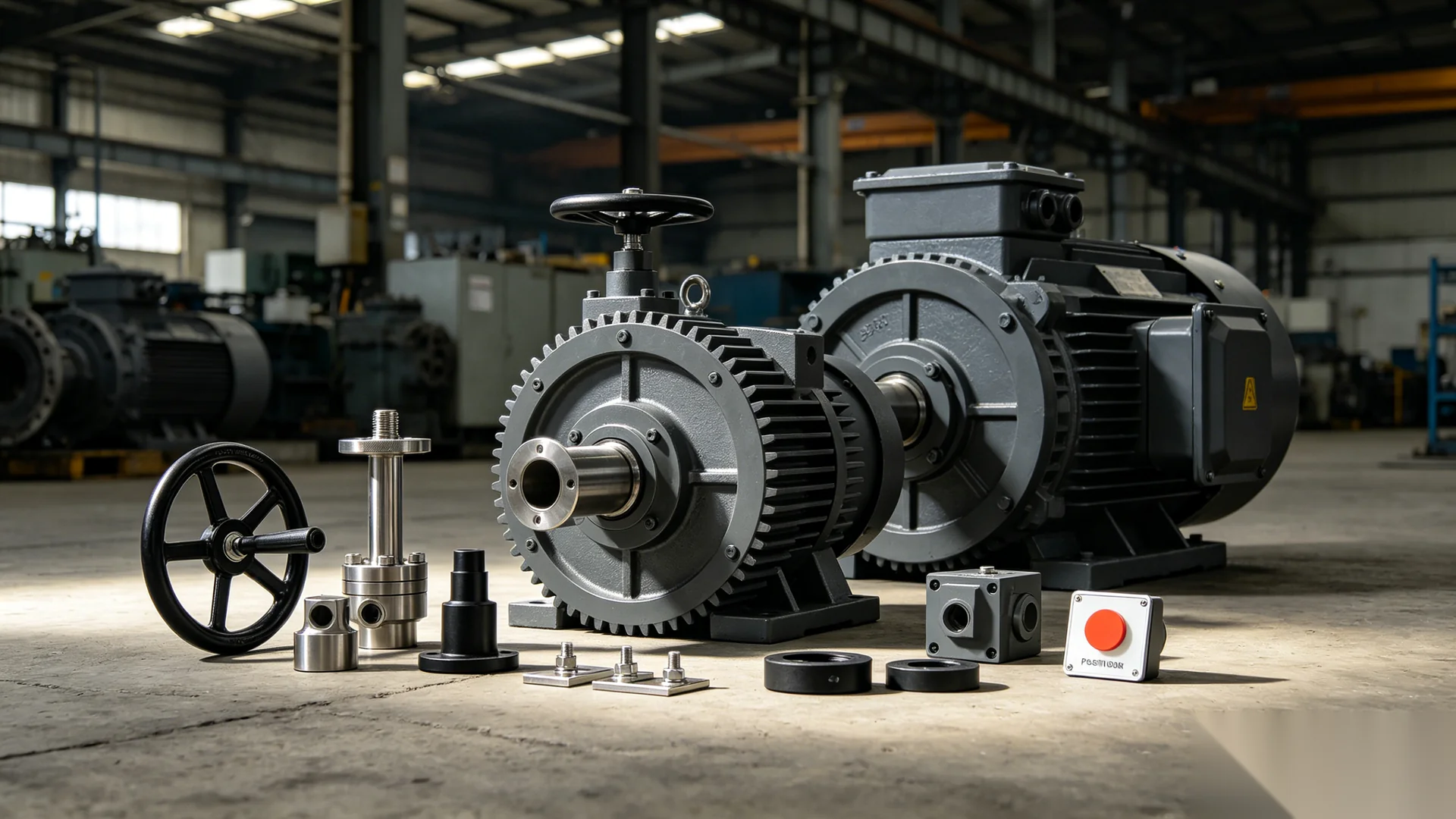 Valve gear operator accessories including mounting brackets, position indicators and stem adapters on industrial valves