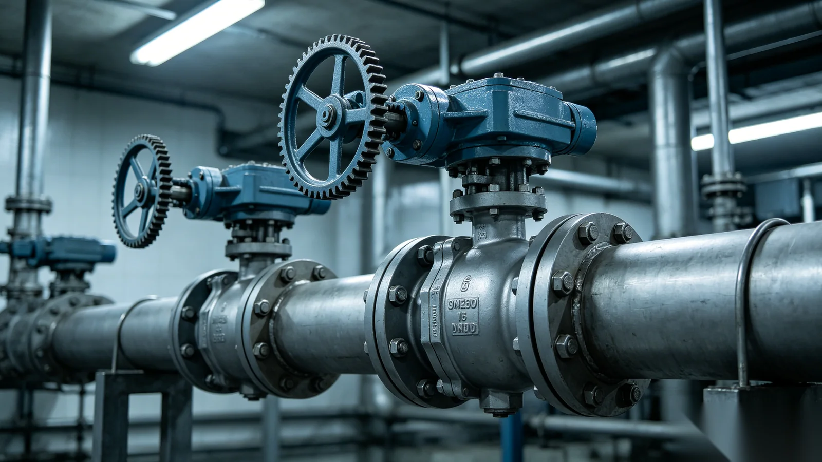Quarter-turn worm gear operator on a ball valve ready for actuator mounting