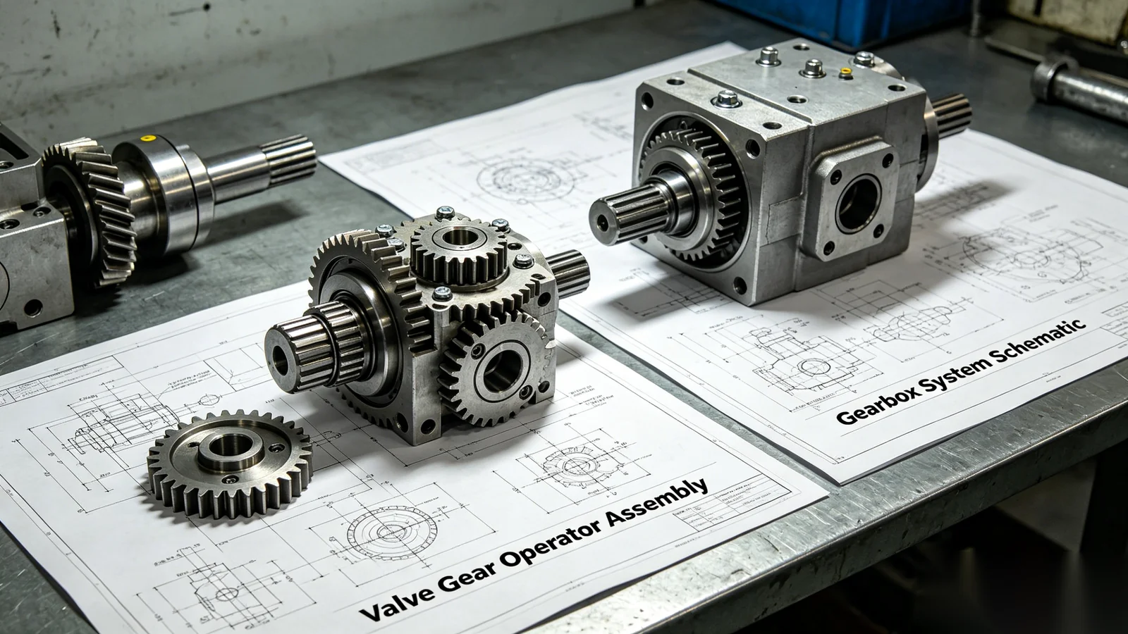 CAD workstation showing valve gear operator mounting drawings and ISO5211 interface details