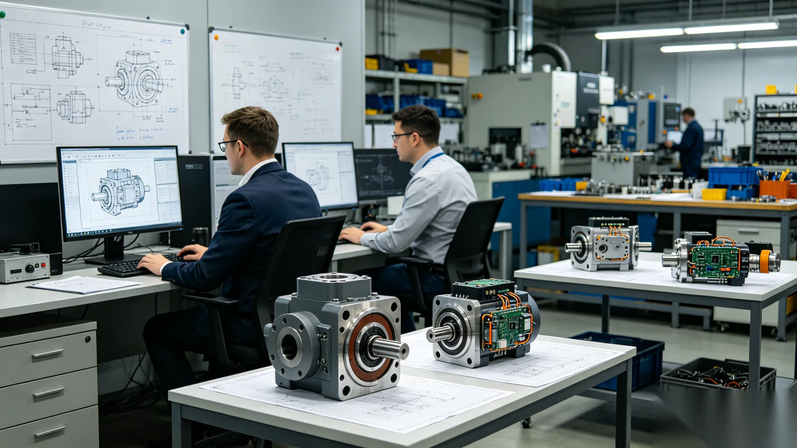 Engineering team reviewing CAD models and custom worm gearbox designs for valve operators