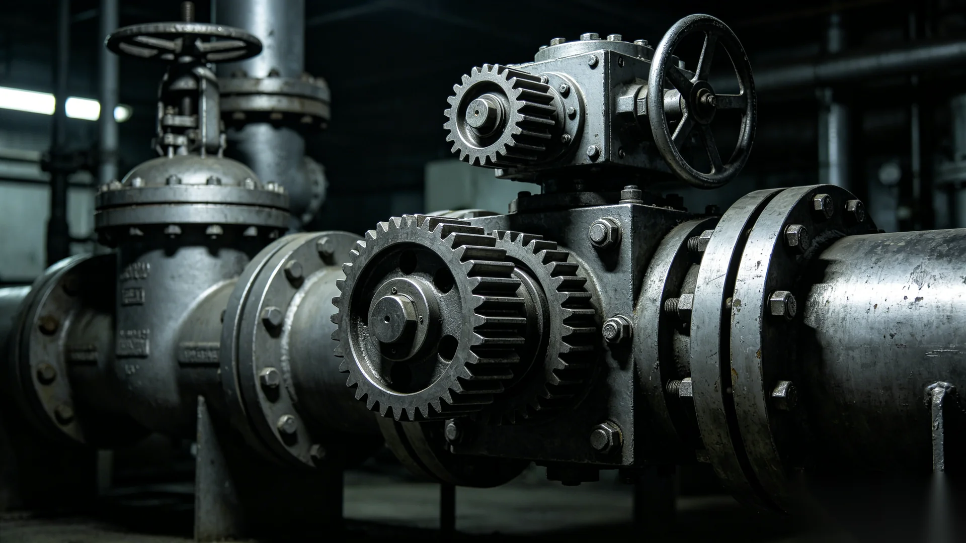 Industrial worm gear operators mounted on valve automation systems in a process plant