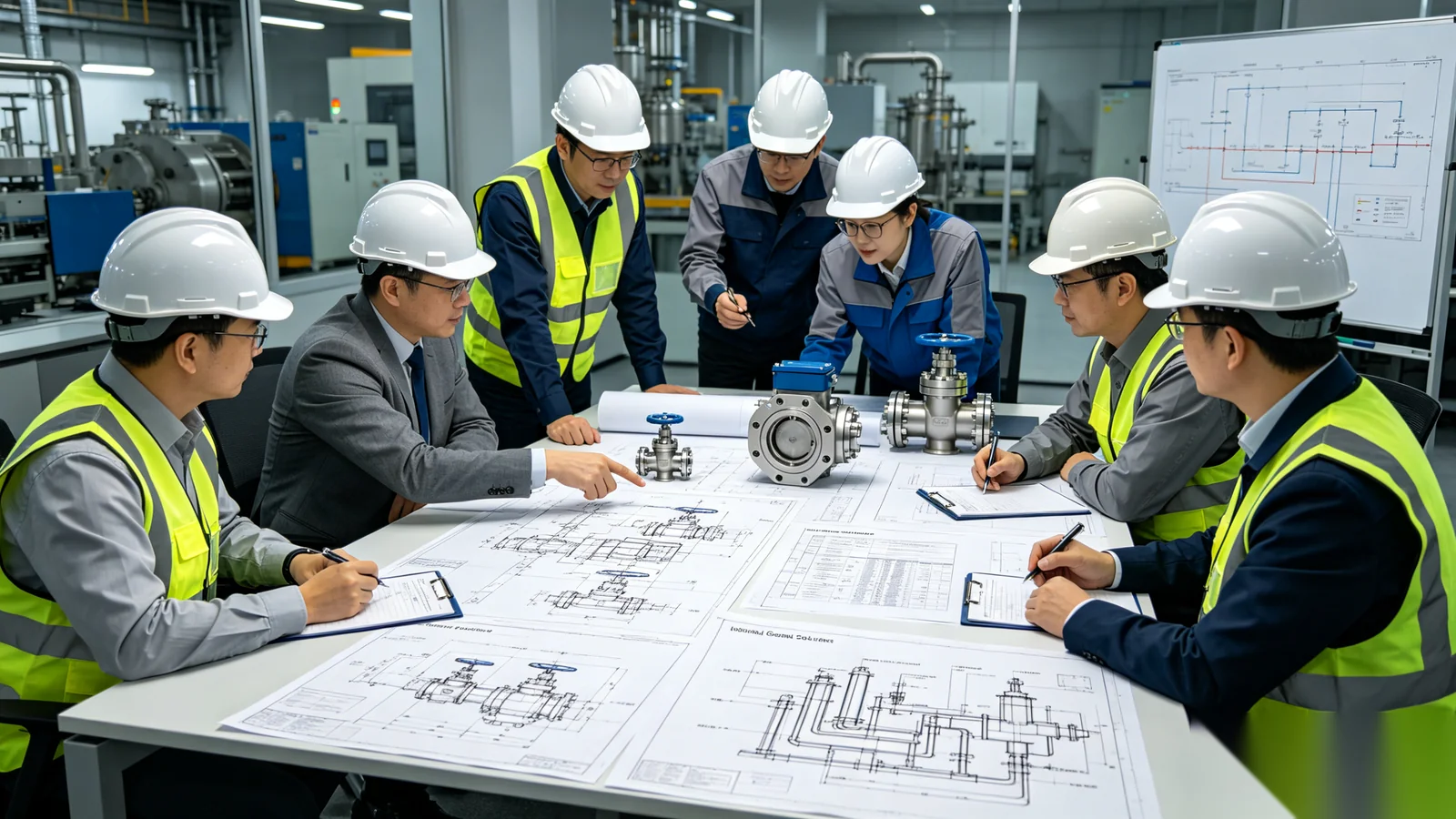 Engineering team reviewing chemical processing EPC valve automation project documentation