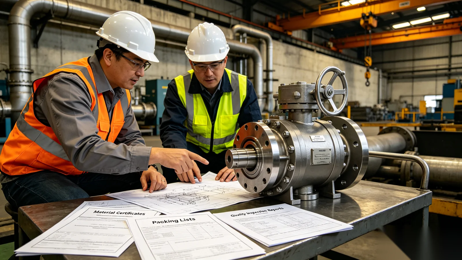 Engineering team reviewing oil and gas EPC valve automation submittals and pipeline project drawings