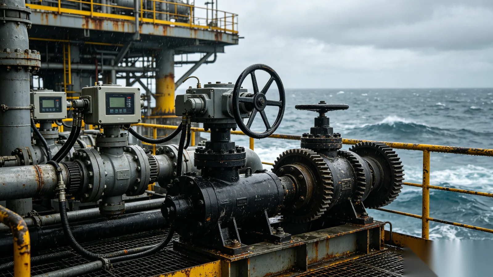 Offshore oil and gas platform valve automation with gear operators on production manifold