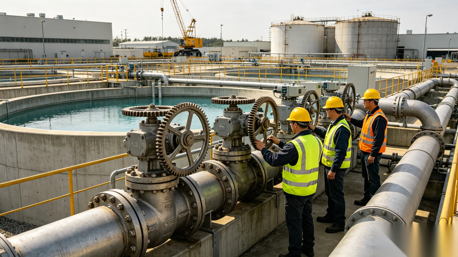 Engineering team reviewing water treatment EPC valve automation submittals and CAD drawings