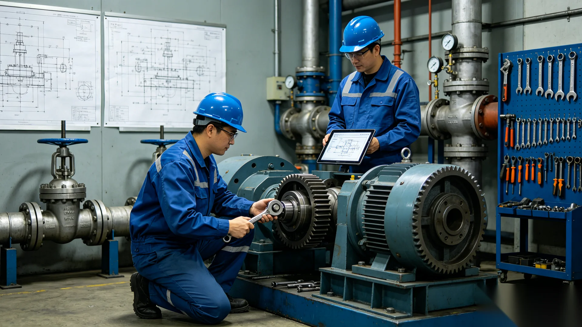 Industrial engineers providing technical support for valve gear operators