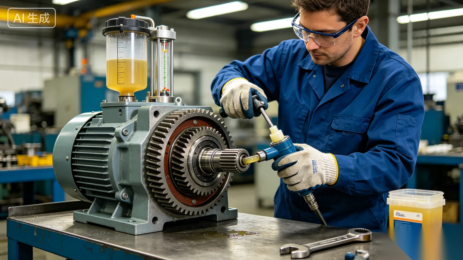 Maintenance technician performing lubrication service on valve gearbox