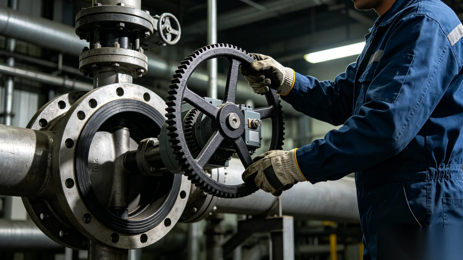 Engineer rotating handwheel of heavy duty gear operator on industrial valve