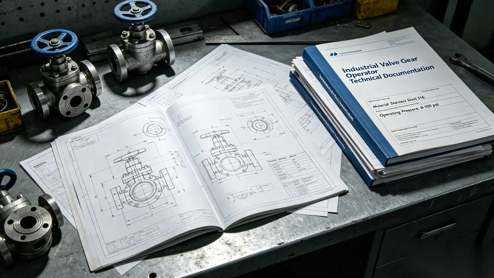 Engineering team reviewing CAD drawings for valve gear operator project
