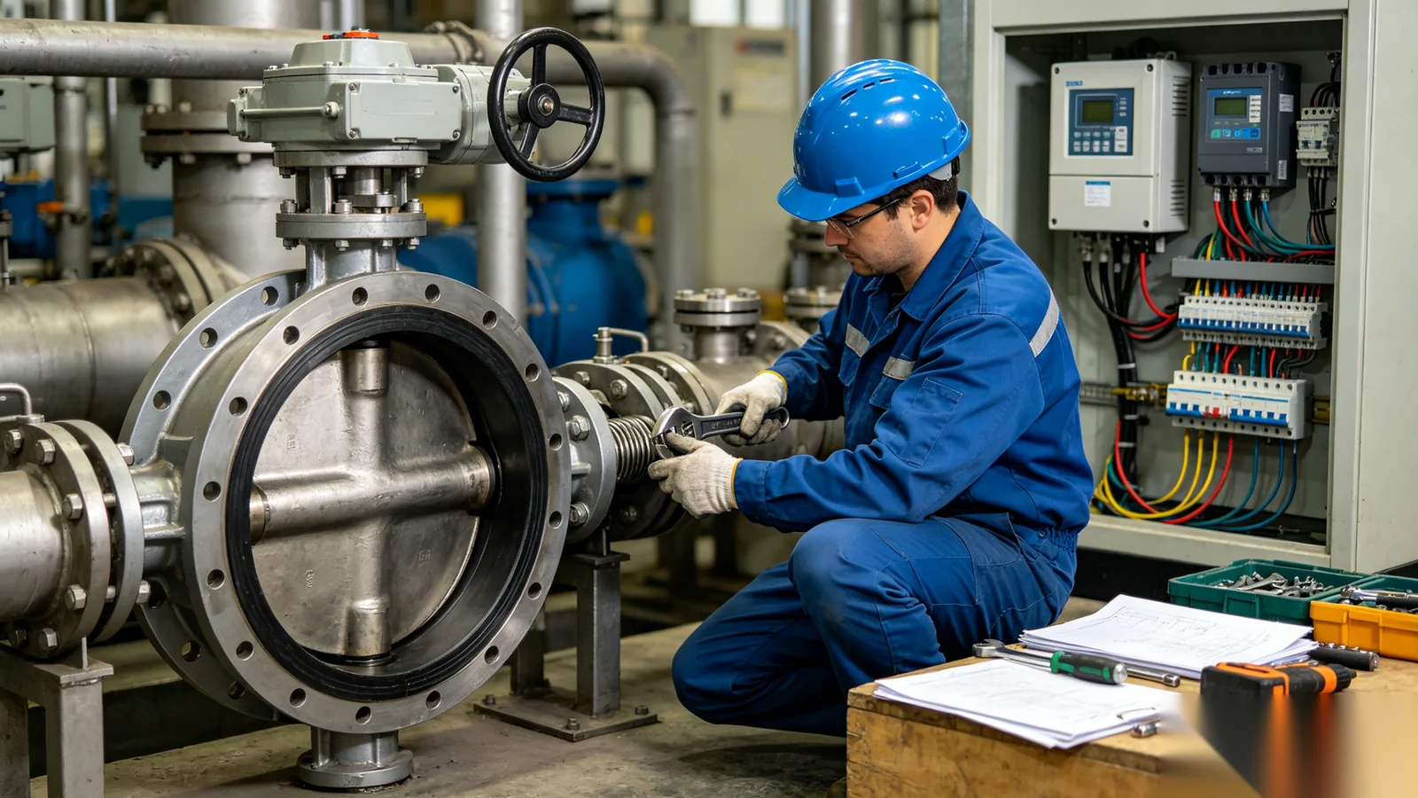 Engineer installing a gear operator on an industrial valve