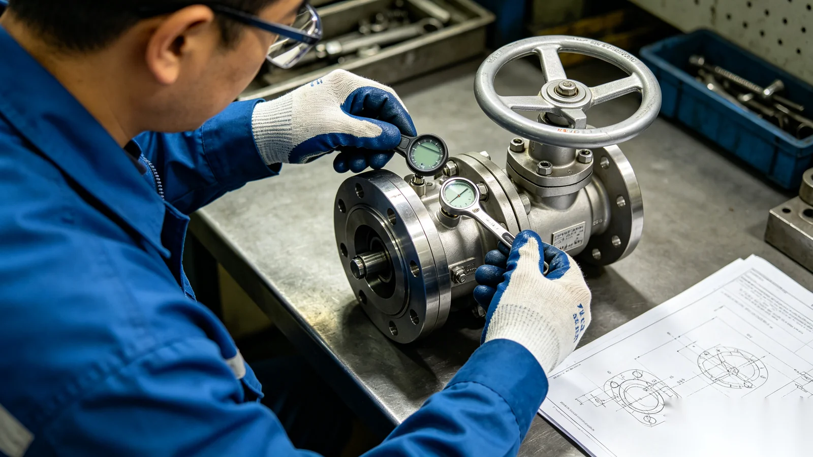 Technician performing visual inspection on valve gear operator